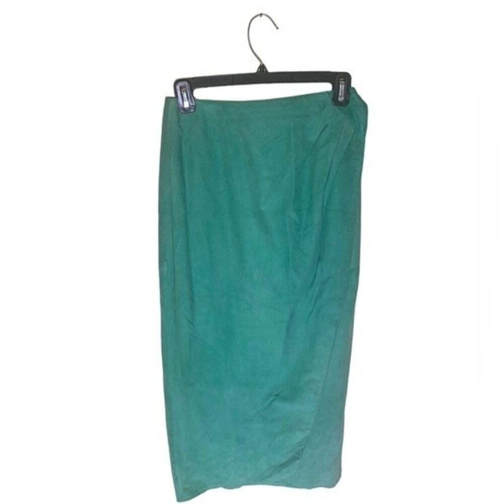 Vintage Vakko Suede Leather Wrap Midi Skirt Green Size 8